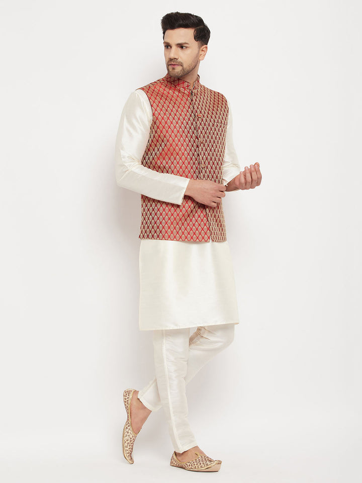 Sarvati Men's Maroon Silk Blend Jacket with Kurta Pant Set