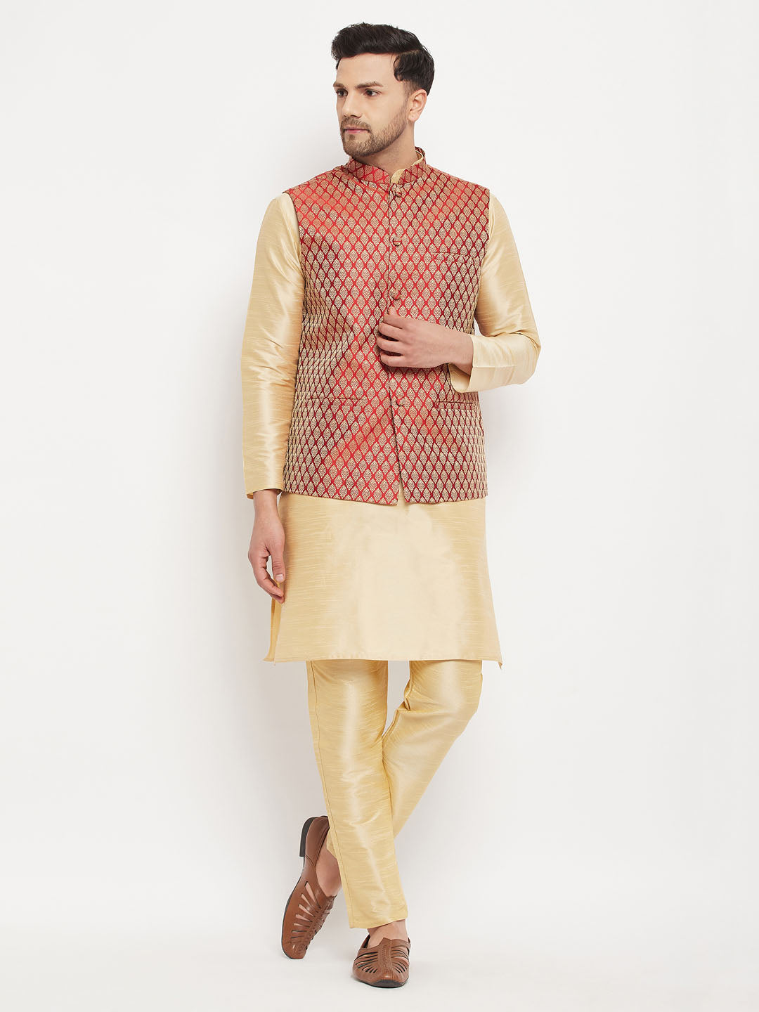 Sarvati Men's Maroon Silk Blend Jacket with Kurta Pant Set