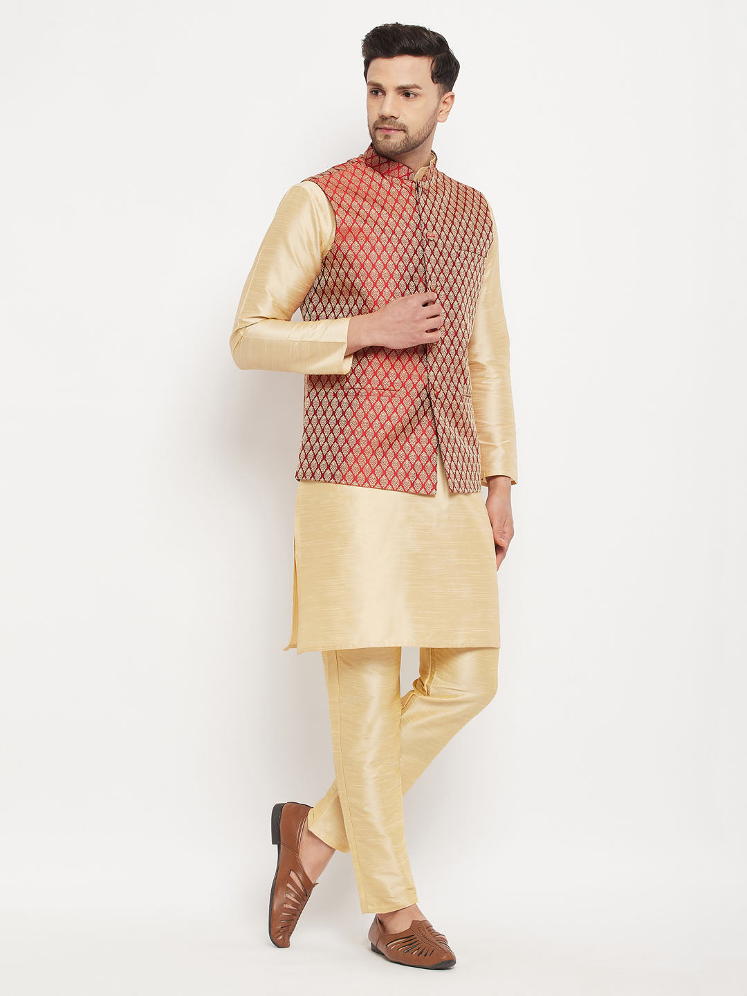 Sarvati Men's Maroon Silk Blend Jacket with Kurta Pant Set