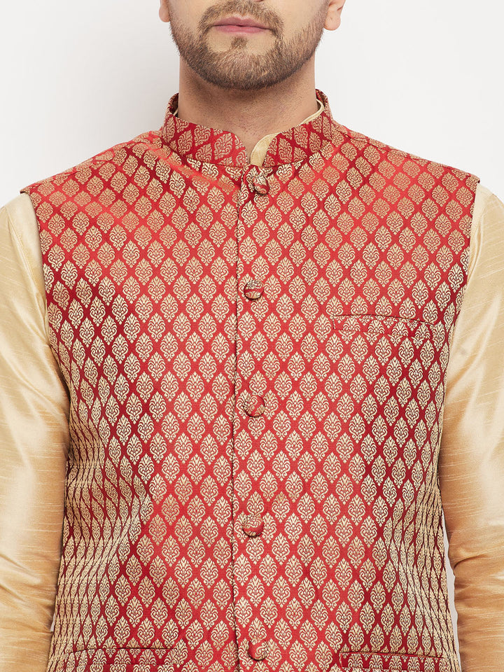 Sarvati Men's Maroon Silk Blend Jacket with Kurta Pant Set