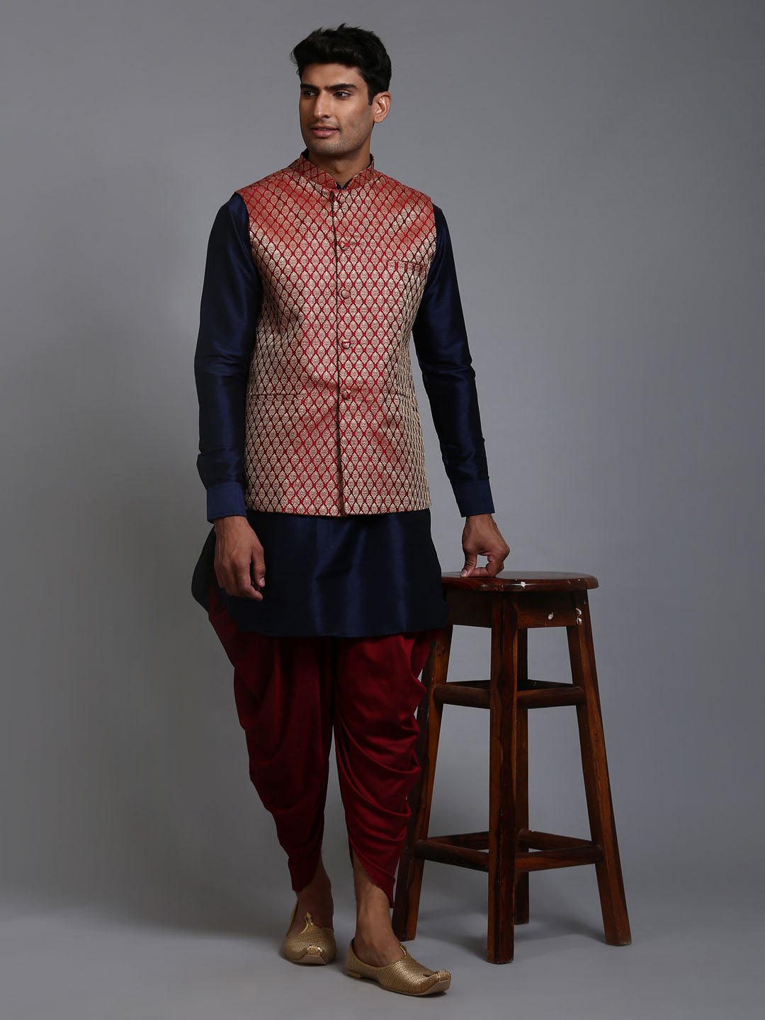 Sarvati Men's Maroon Silk Blend Jacket With Curved Kurta Dhoti Set