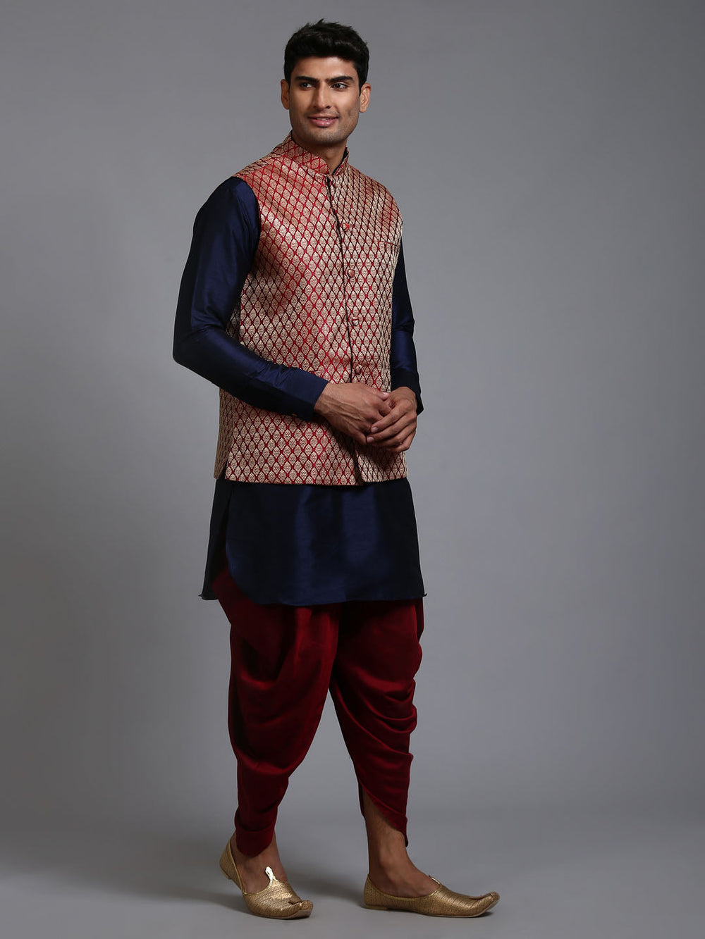 Sarvati Men's Maroon Silk Blend Jacket With Curved Kurta Dhoti Set