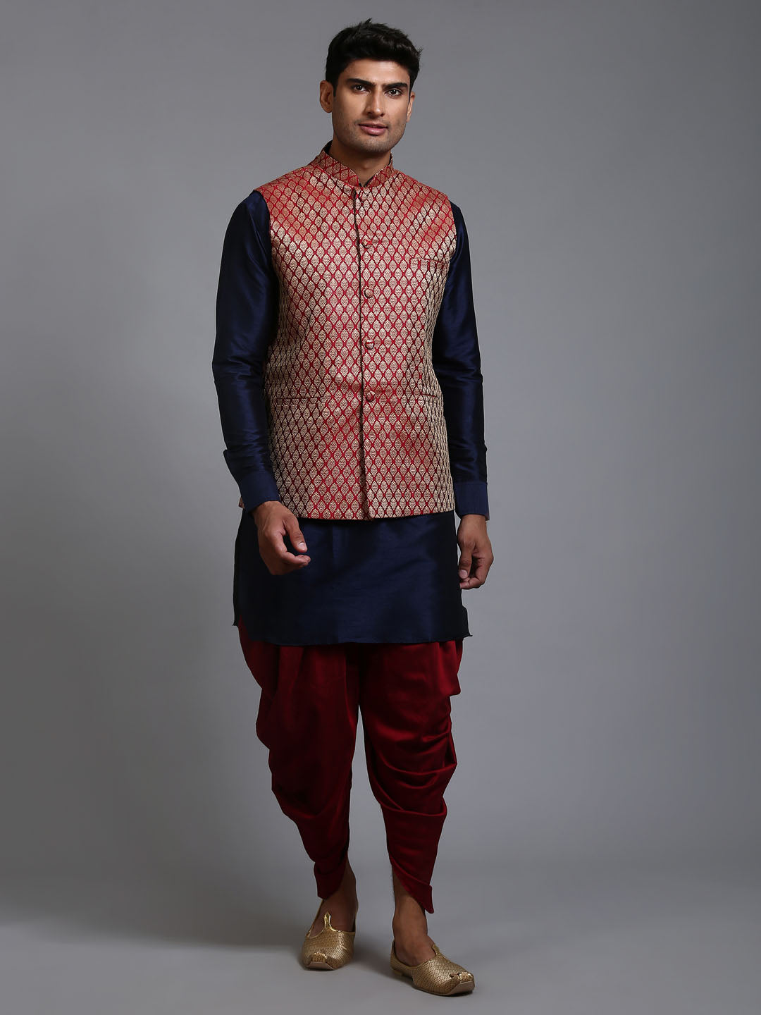 Sarvati Men's Maroon Silk Blend Jacket With Curved Kurta Dhoti Set