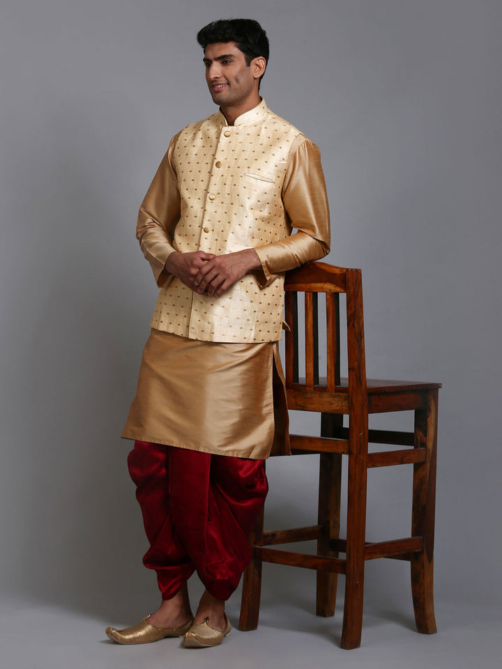 Sarvati Men's Gold Zari Weaved Jacket With Kurta Dhoti Set