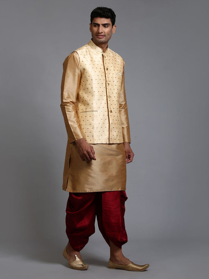 Sarvati Men's Gold Zari Weaved Jacket With Kurta Dhoti Set