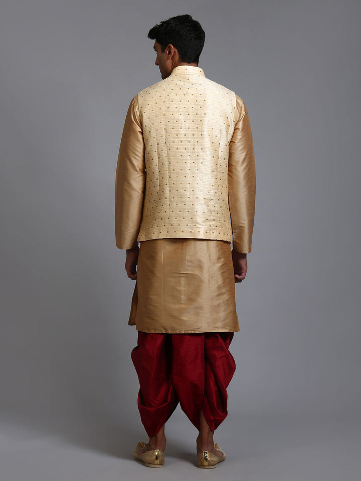 Sarvati Men's Gold Zari Weaved Jacket With Kurta Dhoti Set