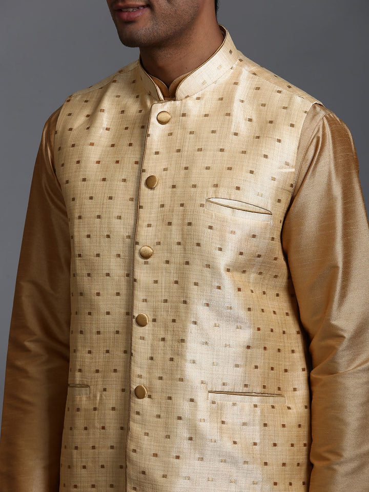 Sarvati Men's Gold Zari Weaved Jacket With Kurta Dhoti Set