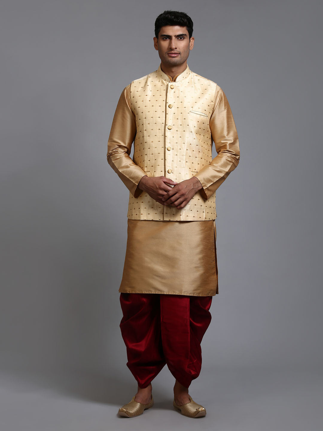 Sarvati Men's Gold Zari Weaved Jacket With Kurta Dhoti Set