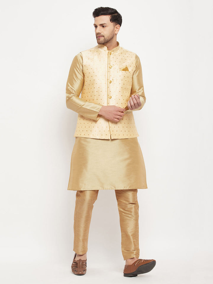 Sarvati Men's Gold Zari Weaved Jacket With Kurta Pant Set