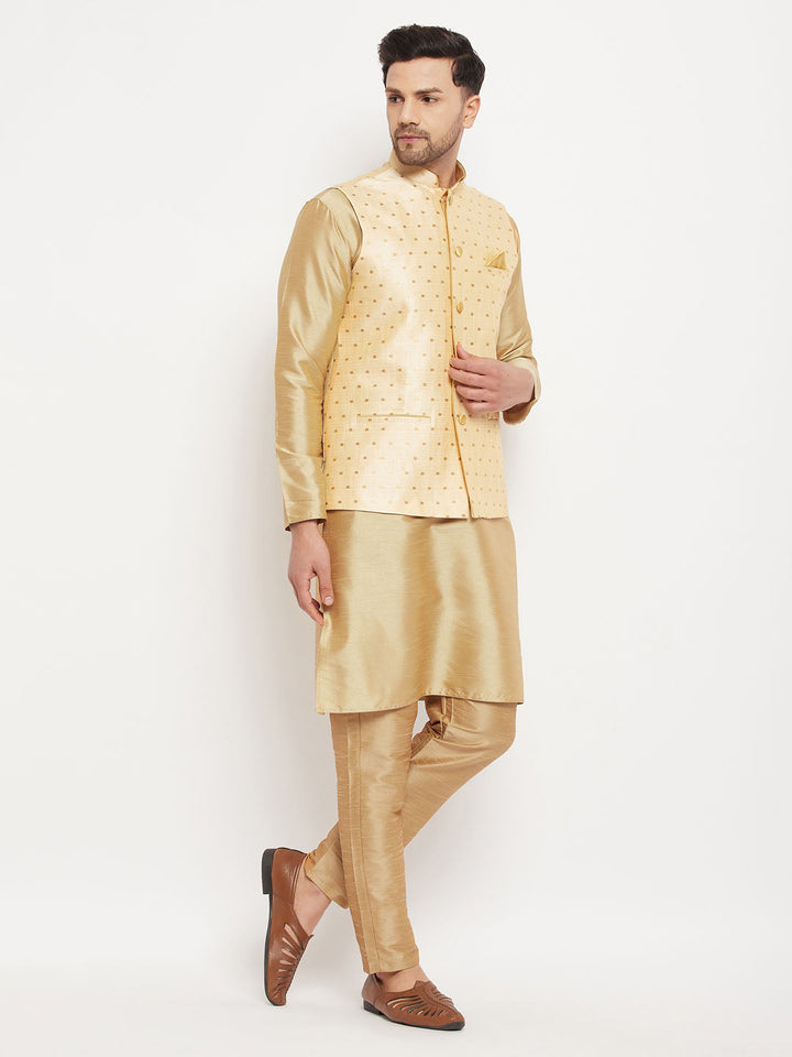 Sarvati Men's Gold Zari Weaved Jacket With Kurta Pant Set