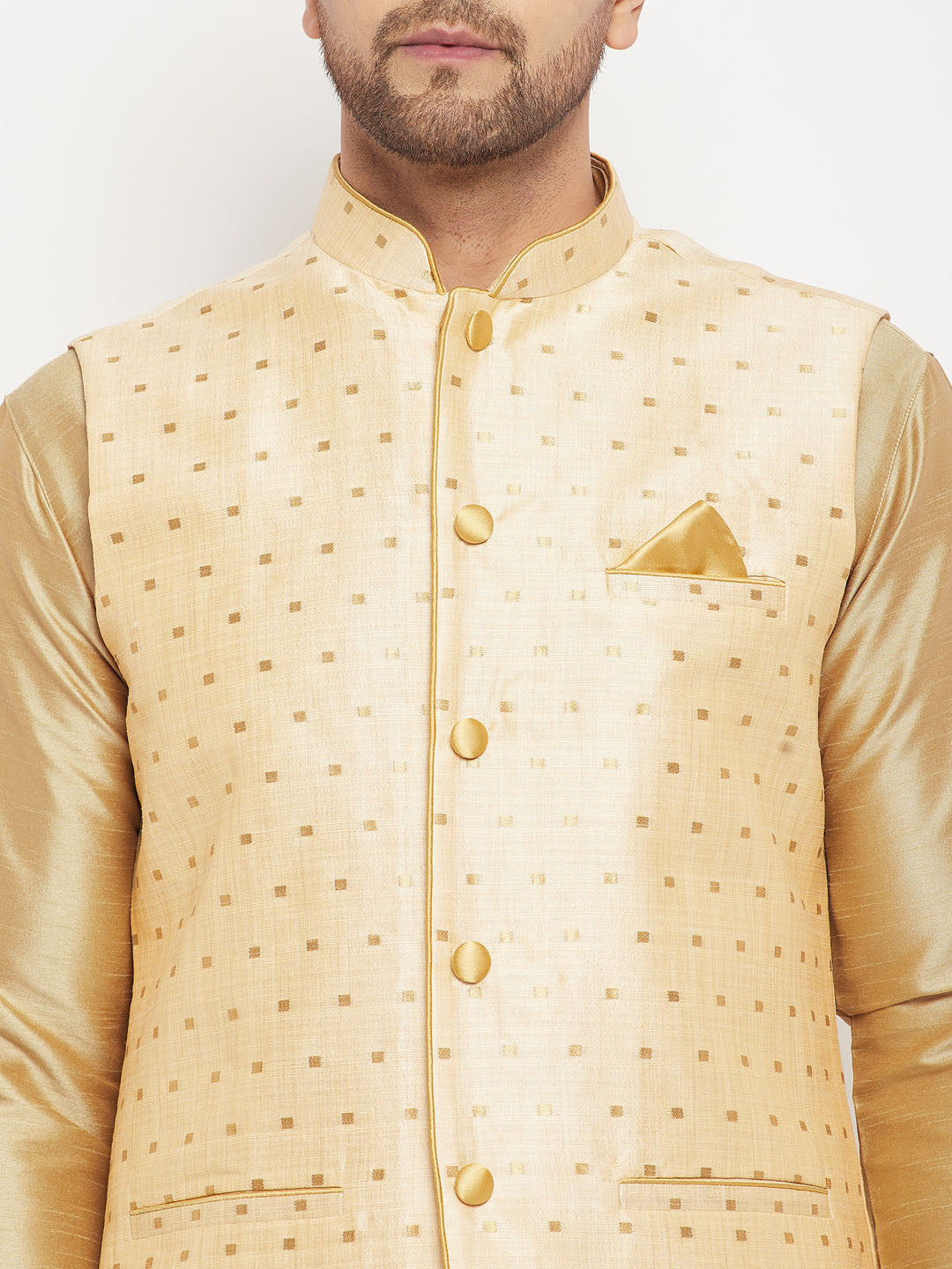 Sarvati Men's Gold Zari Weaved Jacket With Kurta Pant Set