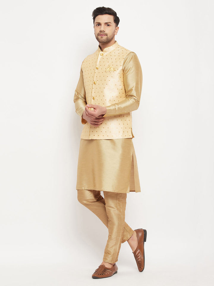 Sarvati Men's Gold Zari Weaved Jacket With Kurta Pant Set