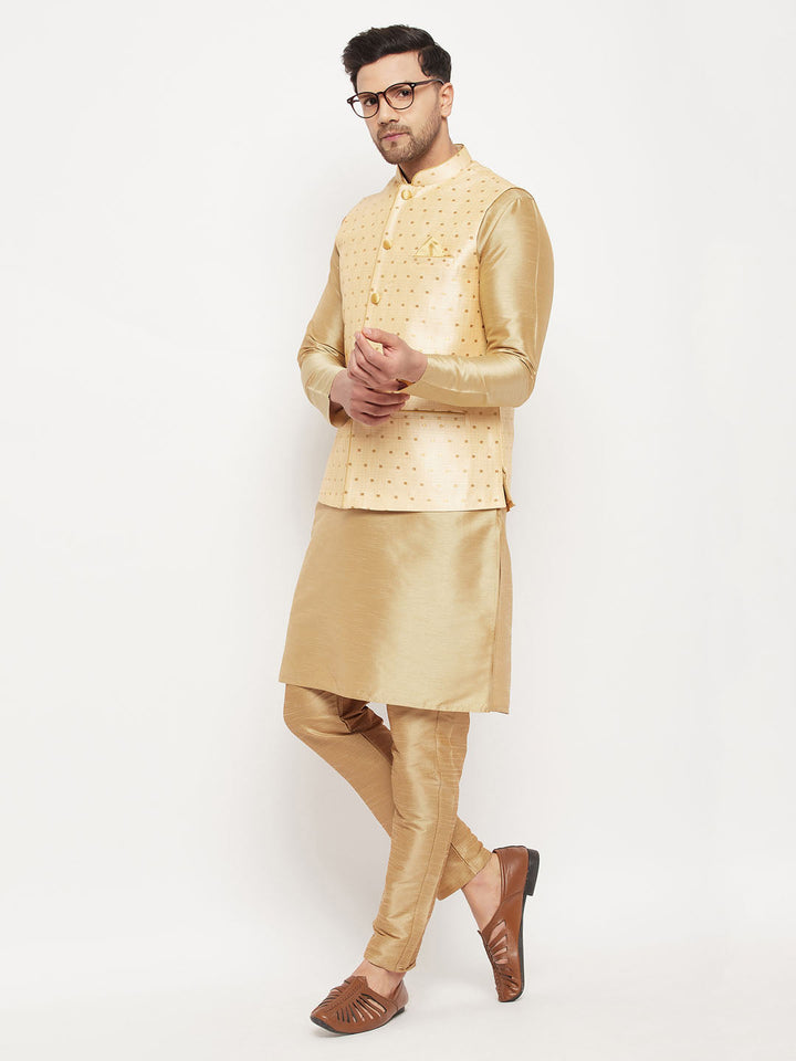 Sarvati Men's Gold Zari Weaved Jacket With Kurta Pant Set