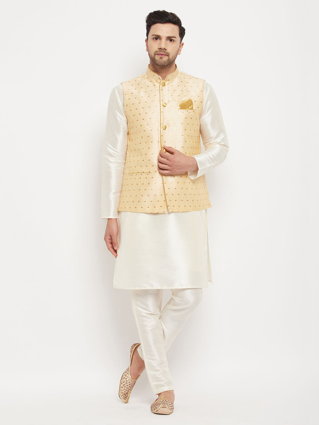 Sarvati Men's Gold Zari Weaved Jacket With Kurta Pant Set