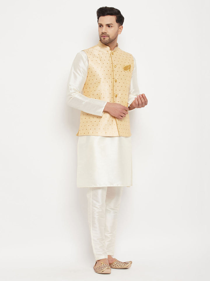 Sarvati Men's Gold Zari Weaved Jacket With Kurta Pant Set