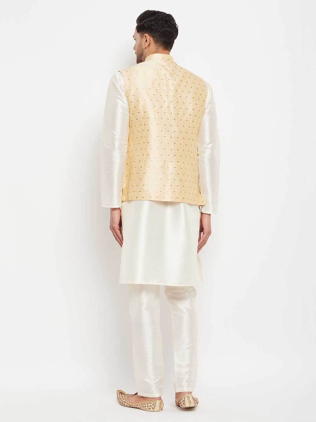 Sarvati Men's Gold Zari Weaved Jacket With Kurta Pant Set