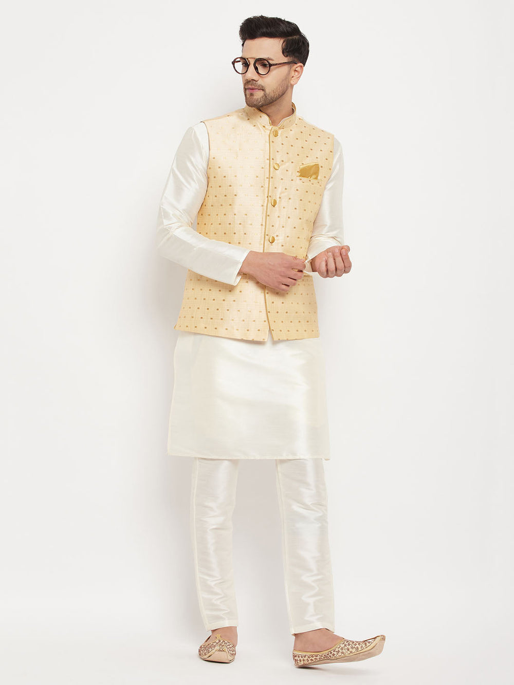 Sarvati Men's Gold Zari Weaved Jacket With Kurta Pant Set