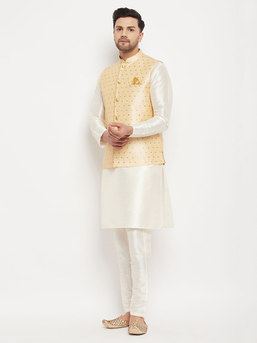 Sarvati Men's Gold Zari Weaved Jacket With Kurta Pant Set