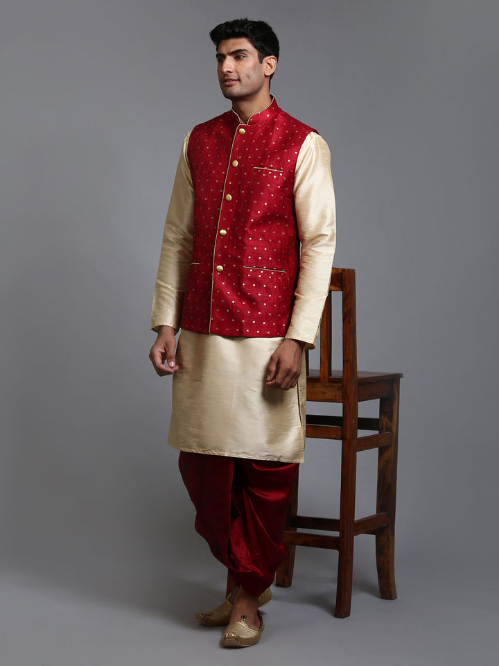 Sarvati Men's Maroon Zari Weaved Jacket With Kurta Dhoti Set