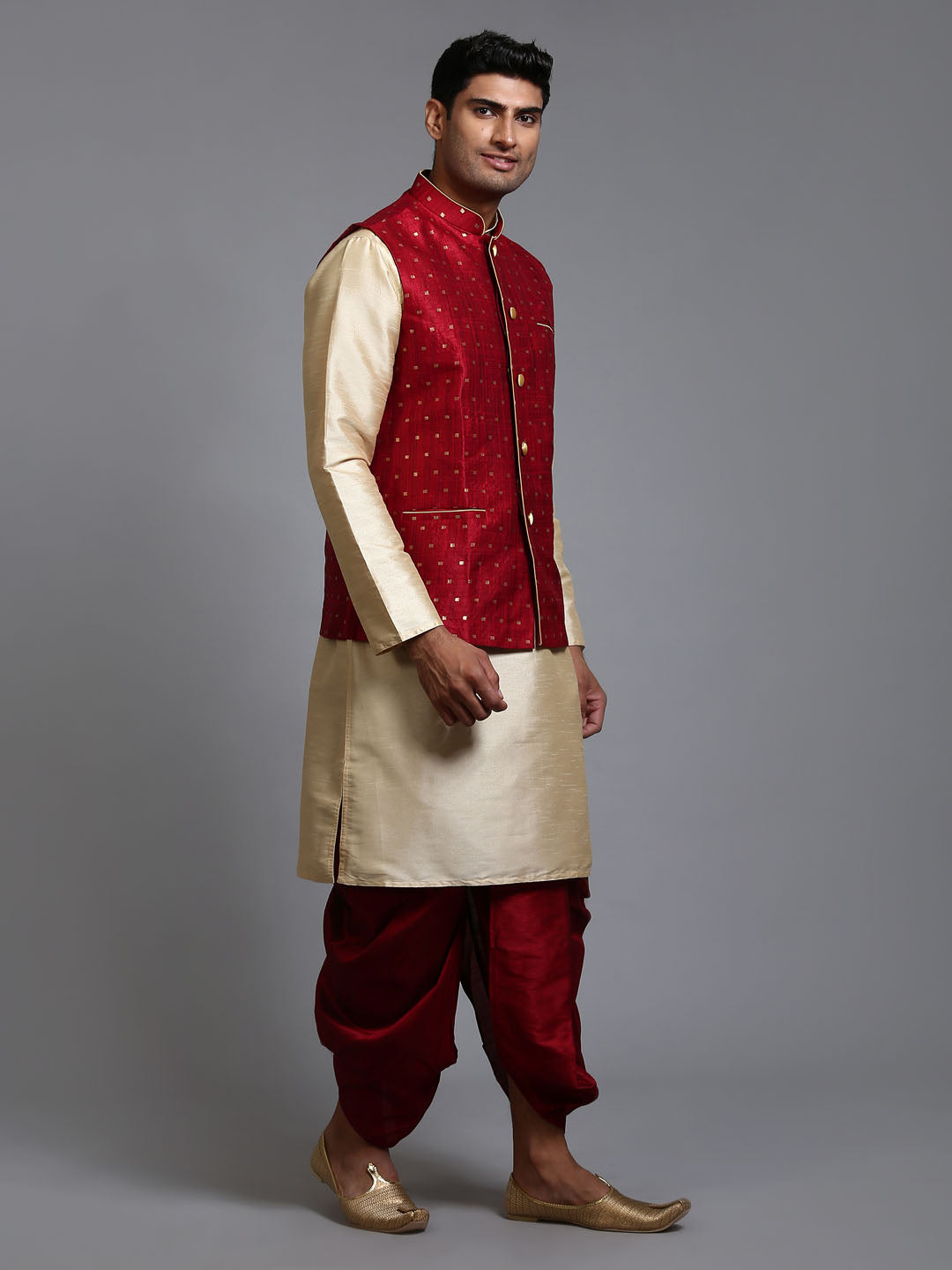 Sarvati Men's Maroon Zari Weaved Jacket With Kurta Dhoti Set