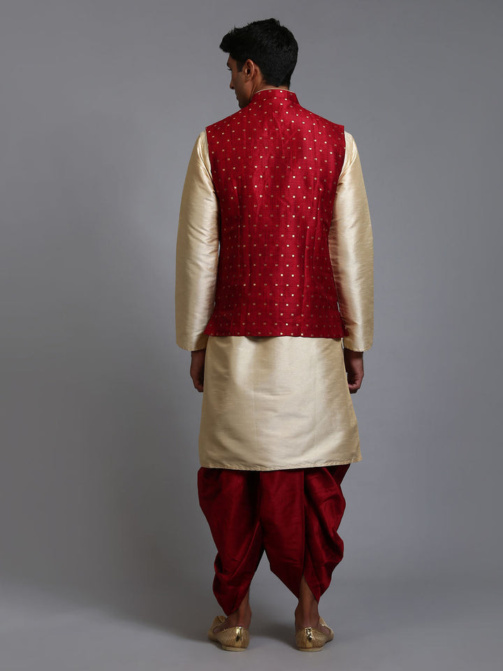 Sarvati Men's Maroon Zari Weaved Jacket With Kurta Dhoti Set