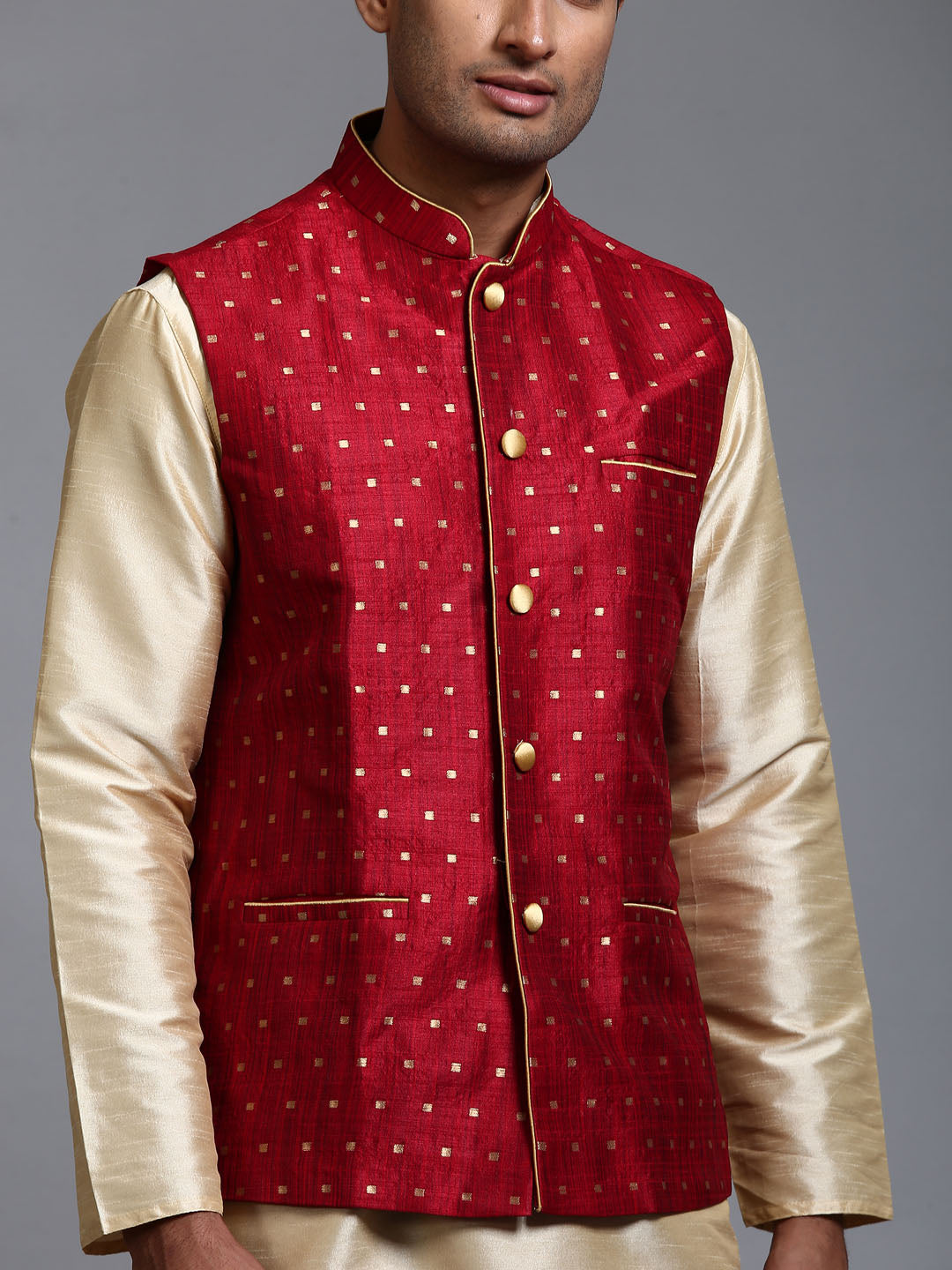 Sarvati Men's Maroon Zari Weaved Jacket With Kurta Dhoti Set