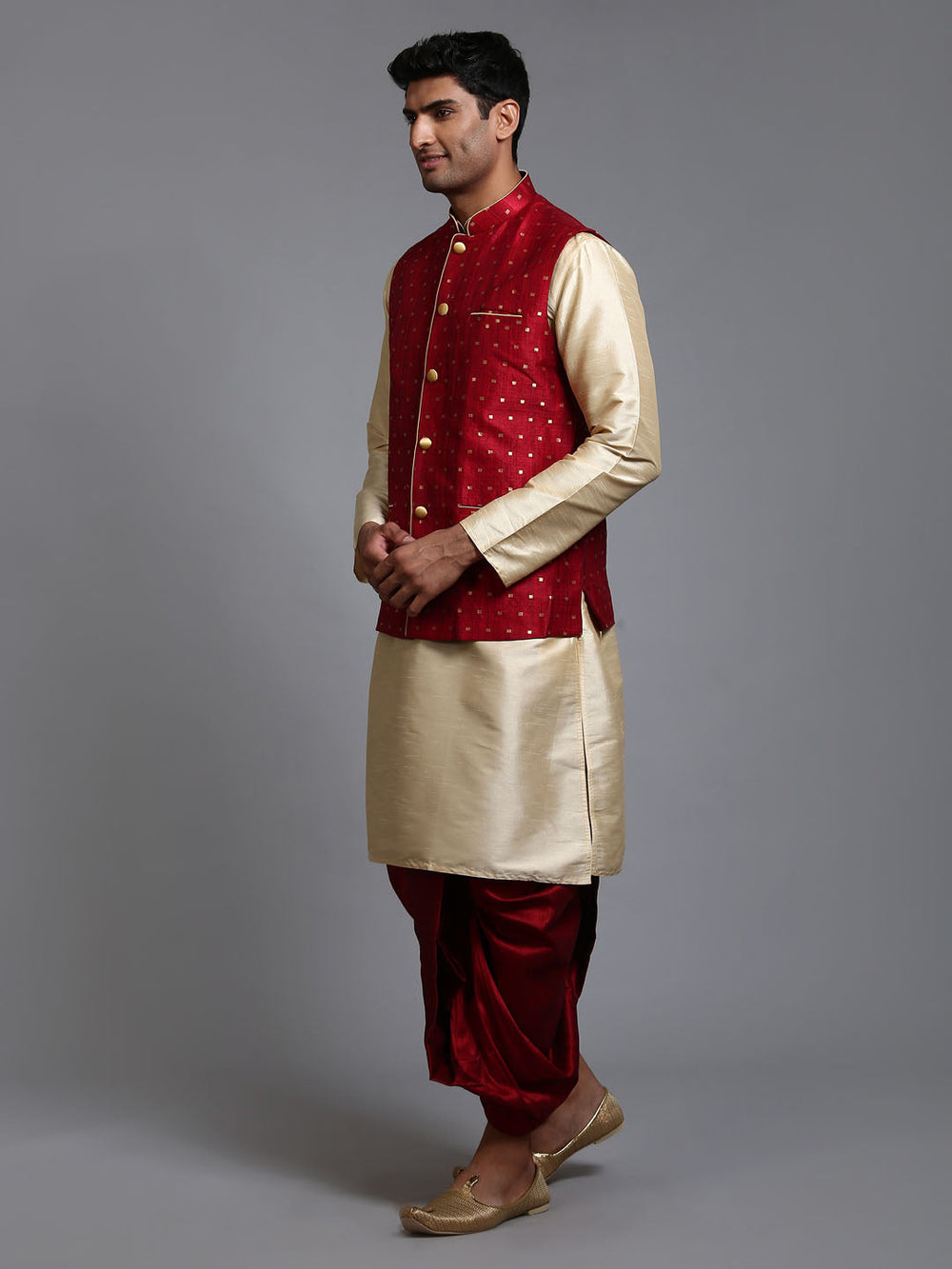 Sarvati Men's Maroon Zari Weaved Jacket With Kurta Dhoti Set