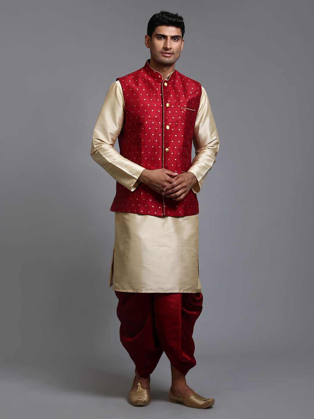 Sarvati Men's Maroon Zari Weaved Jacket With Kurta Dhoti Set