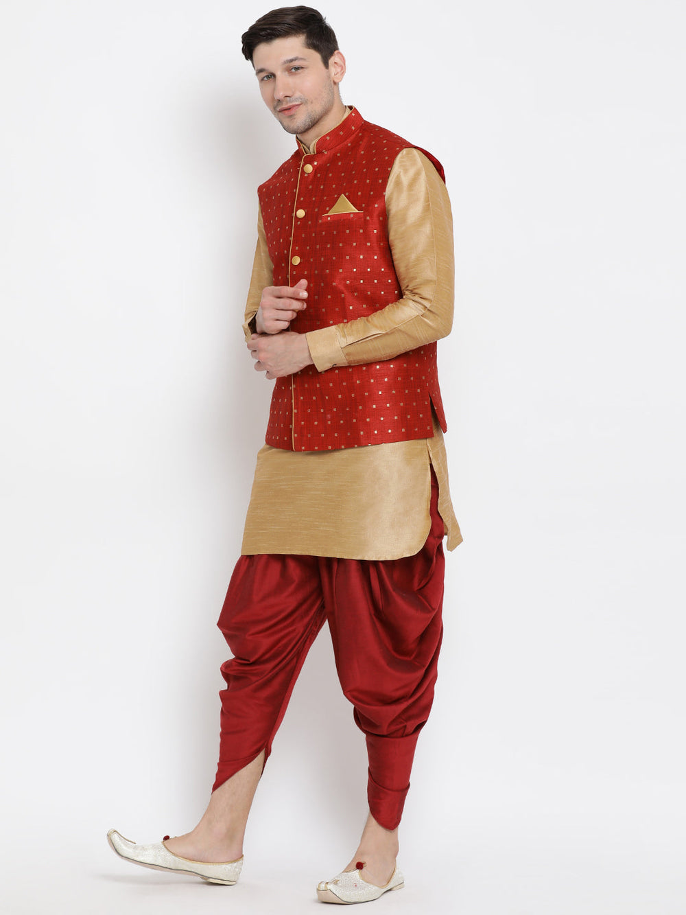 Sarvati Men's Maroon Zari Weaved Jacket With Kurta Dhoti Set
