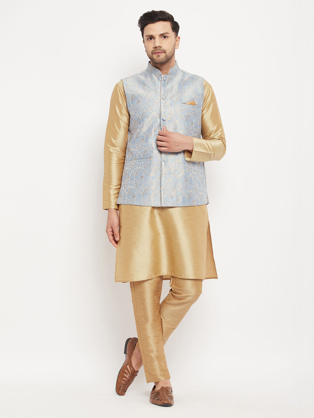 Sarvati Men's Grey Jacquard Jacket With Kurta And Pant Set