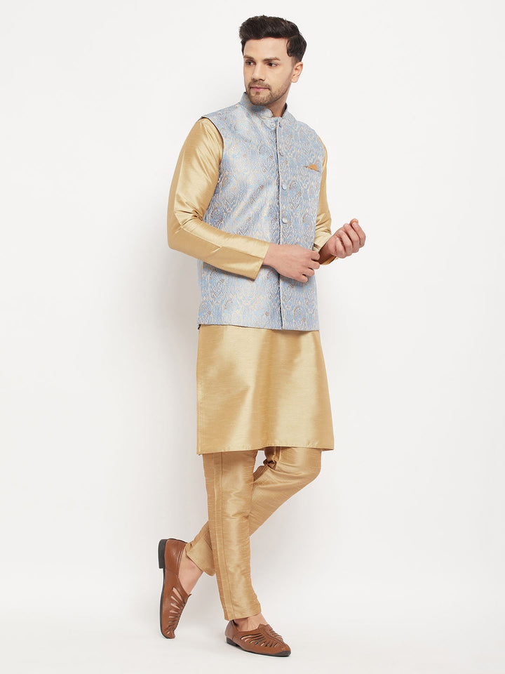 Sarvati Men's Grey Jacquard Jacket With Kurta And Pant Set