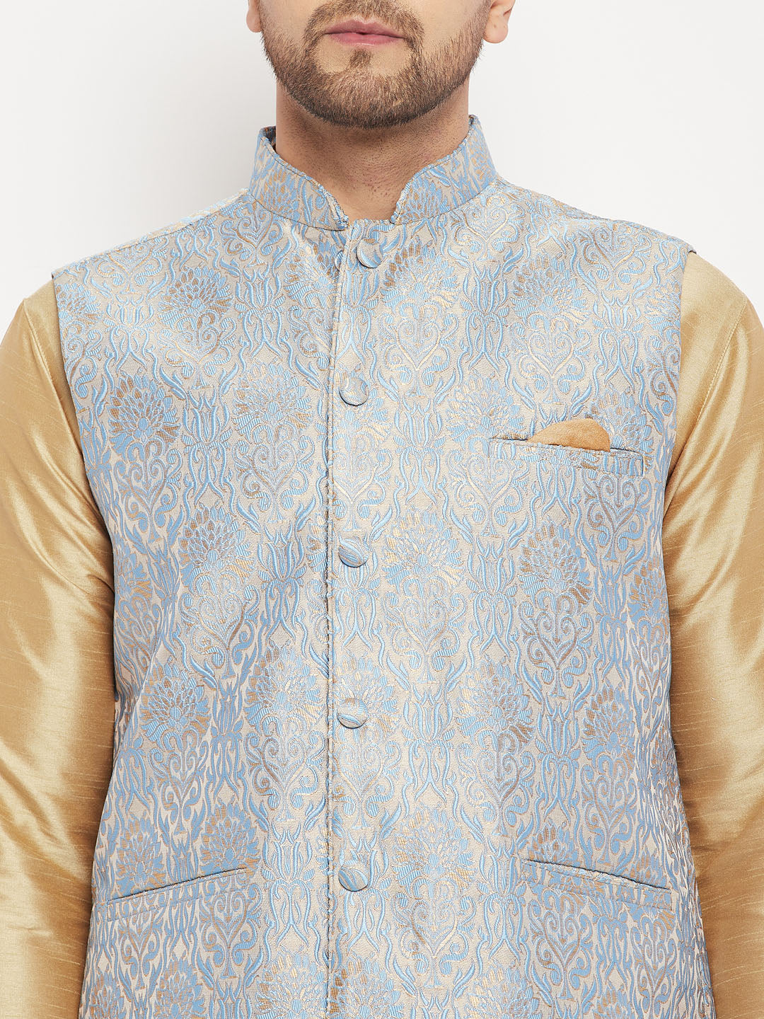 Sarvati Men's Grey Jacquard Jacket With Kurta And Pant Set