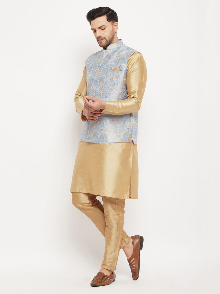 Sarvati Men's Grey Jacquard Jacket With Kurta And Pant Set