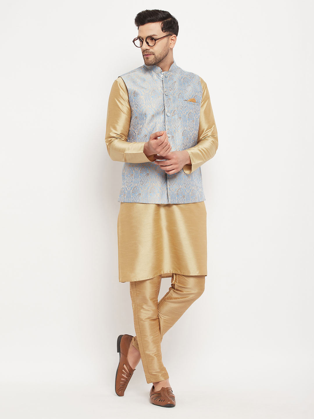 Sarvati Men's Grey Jacquard Jacket With Kurta And Pant Set