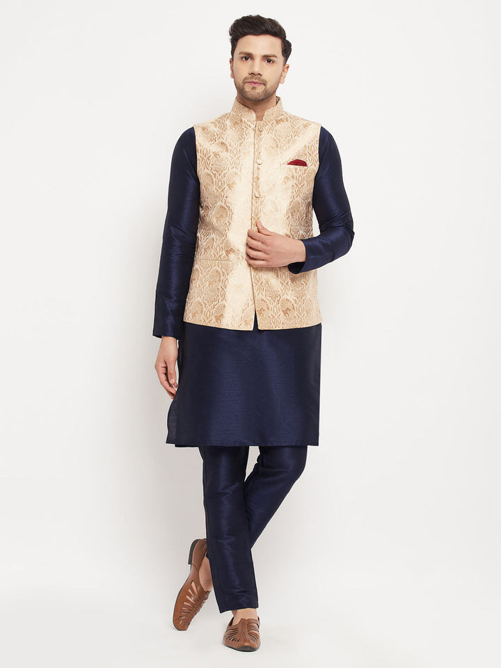 Sarvati Men's Rose Gold Jacquard Jacket With Kurta And Pant Set