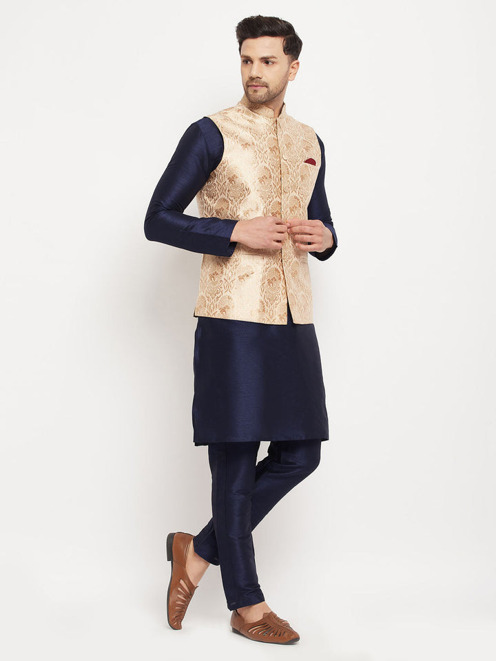 Sarvati Men's Rose Gold Jacquard Jacket With Kurta And Pant Set