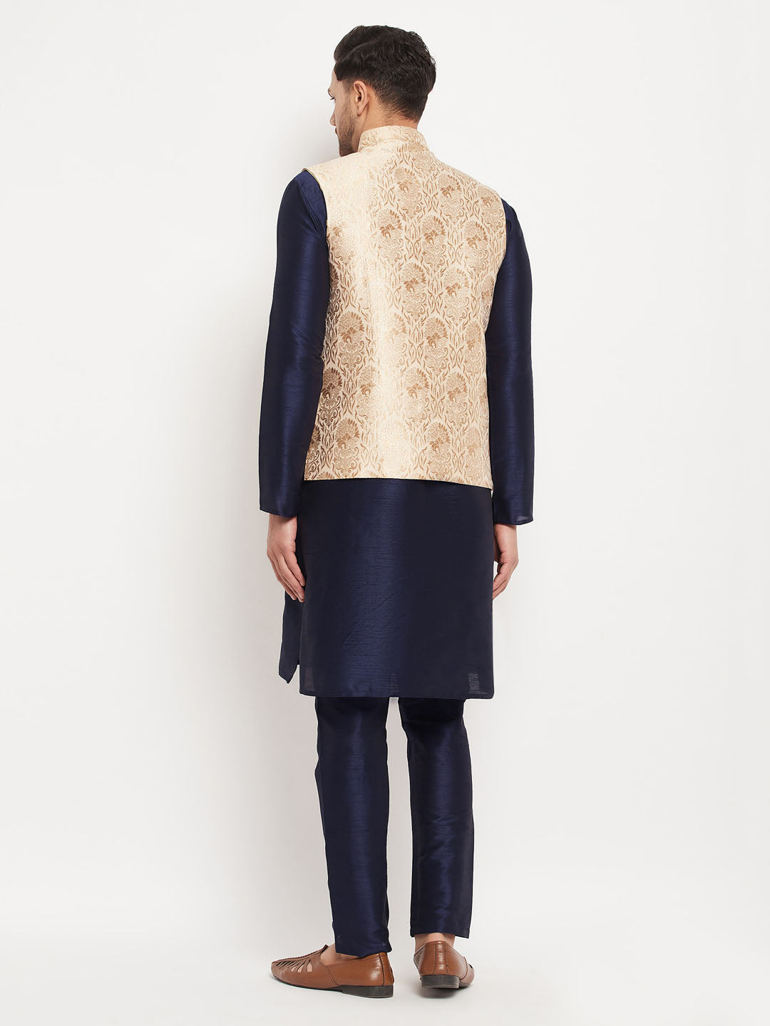 Sarvati Men's Rose Gold Jacquard Jacket With Kurta And Pant Set