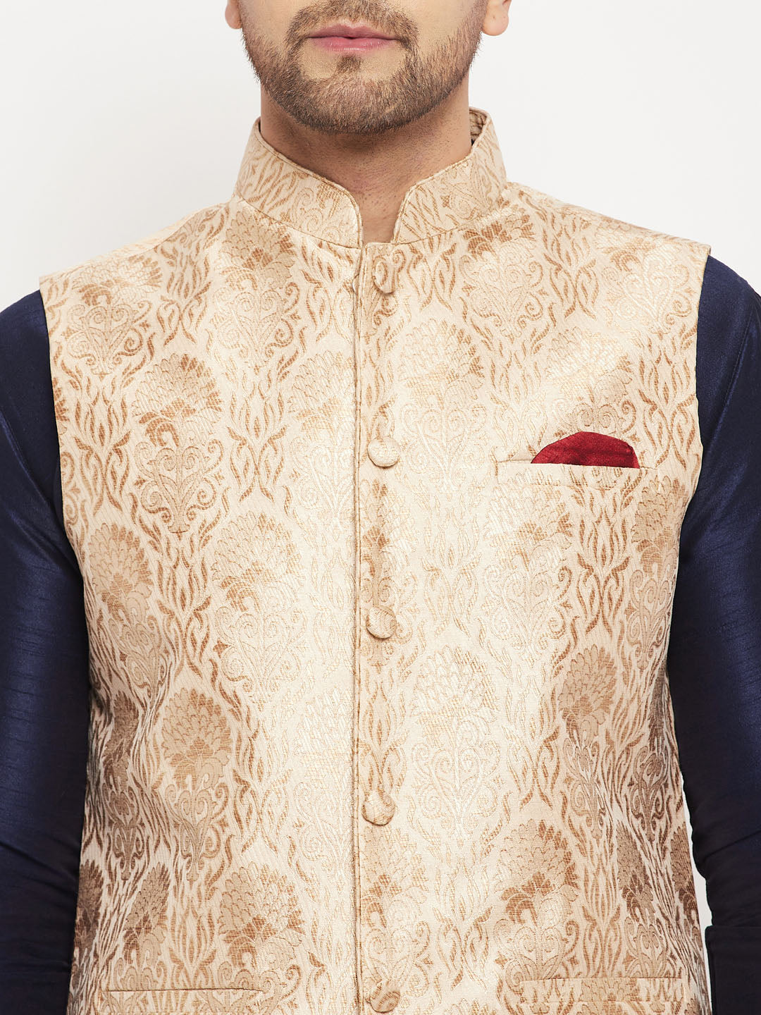 Sarvati Men's Rose Gold Jacquard Jacket With Kurta And Pant Set