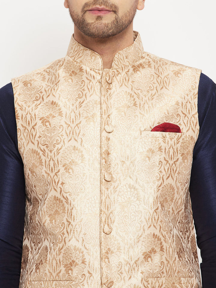 Sarvati Men's Rose Gold Jacquard Jacket With Kurta And Pant Set