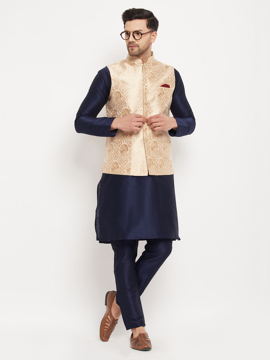 Sarvati Men's Rose Gold Jacquard Jacket With Kurta And Pant Set