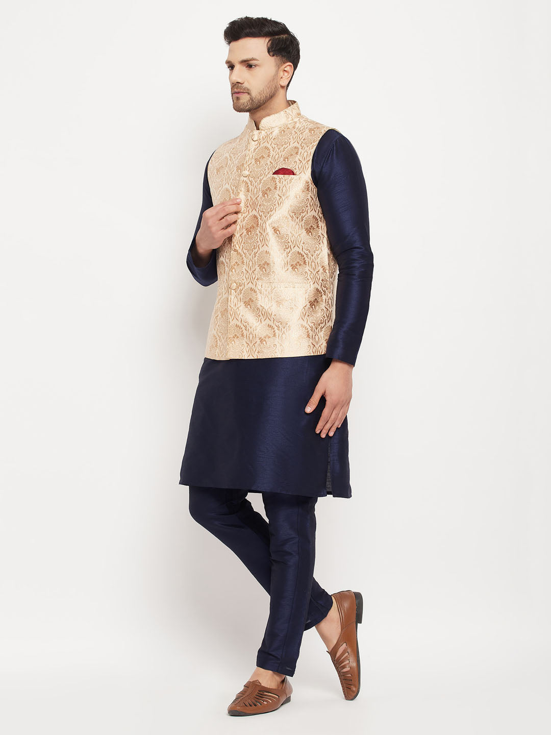 Sarvati Men's Rose Gold Jacquard Jacket With Kurta And Pant Set