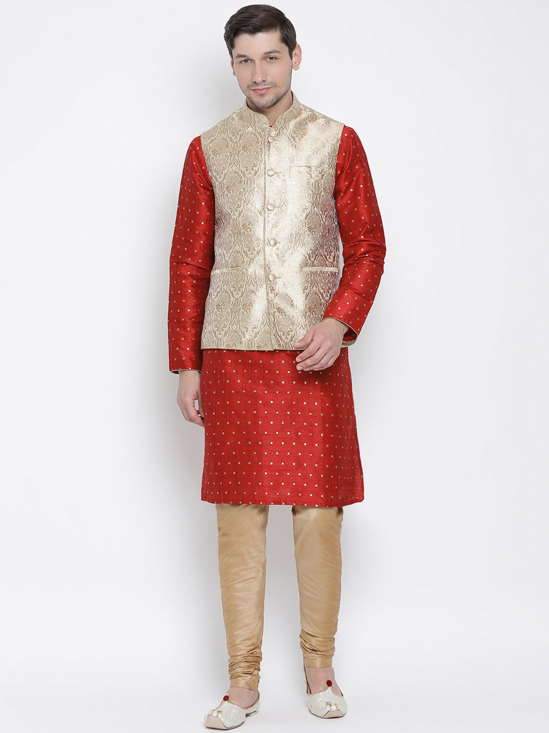 Sarvati Men's Rose Gold Jacquard Jacket With Kurta Pyjama Sett