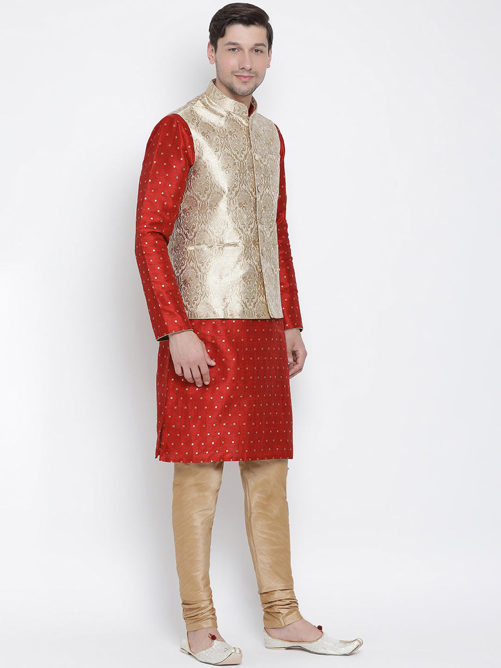 Sarvati Men's Rose Gold Jacquard Jacket With Kurta Pyjama Sett