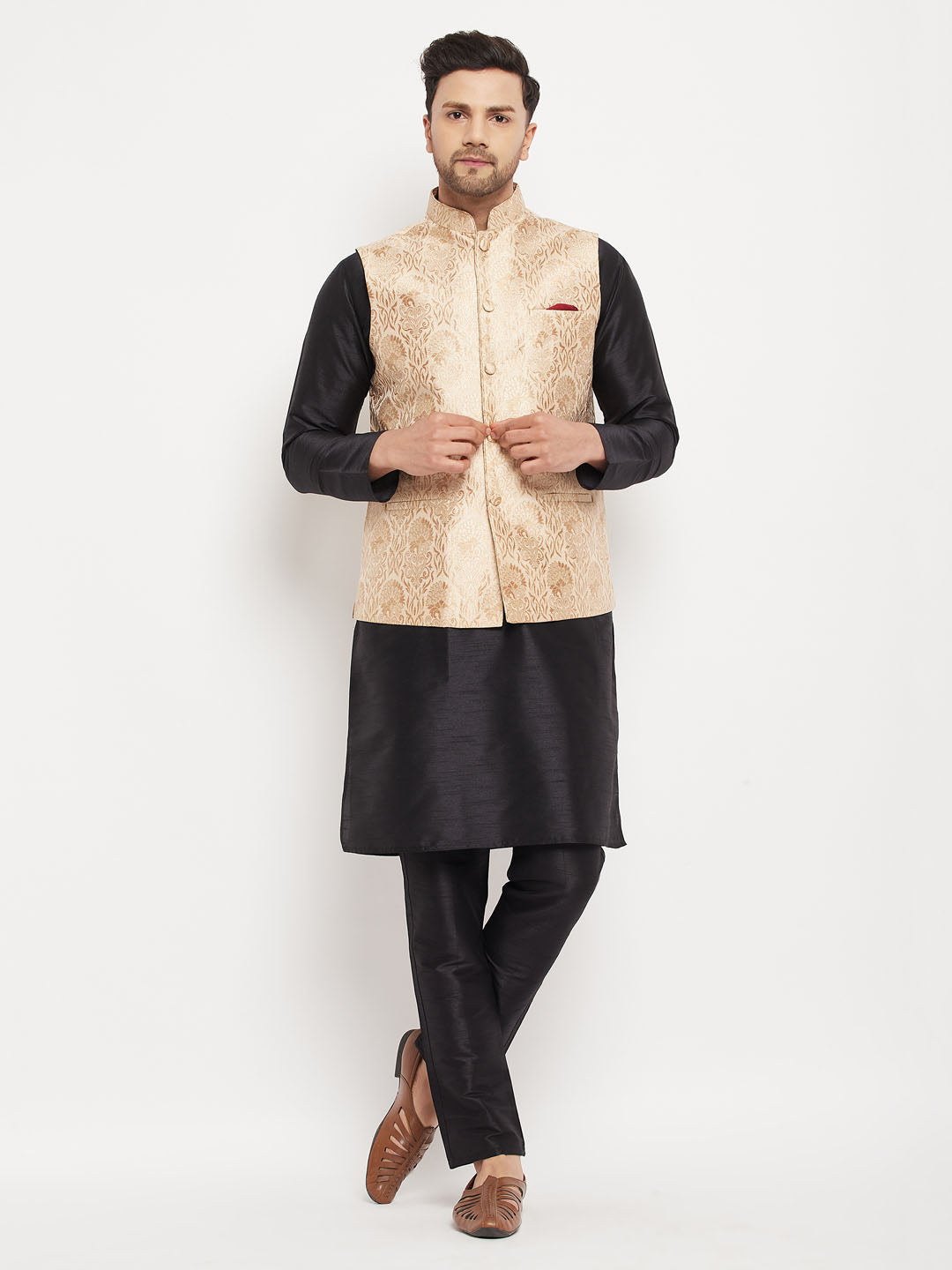 Sarvati Men's Rose Gold Jacquard Jacket With Kurta And Pant Set