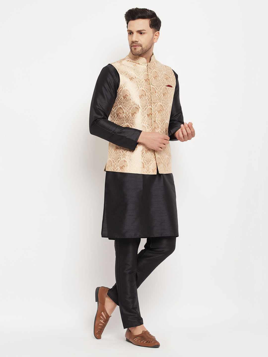 Sarvati Men's Rose Gold Jacquard Jacket With Kurta And Pant Set