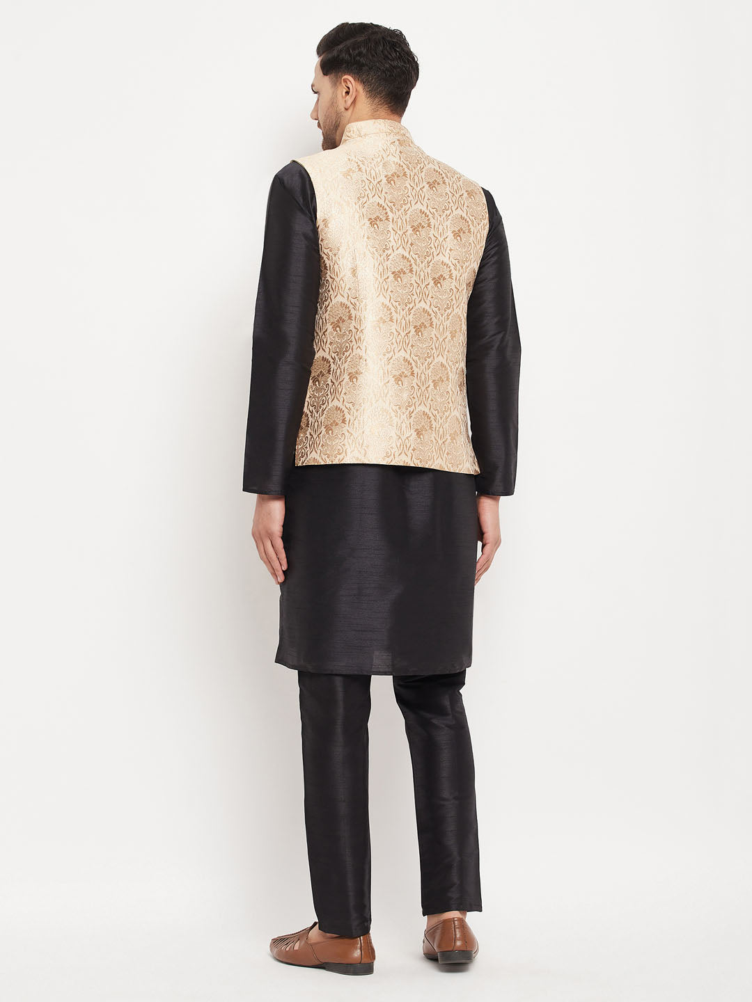 Sarvati Men's Rose Gold Jacquard Jacket With Kurta And Pant Set