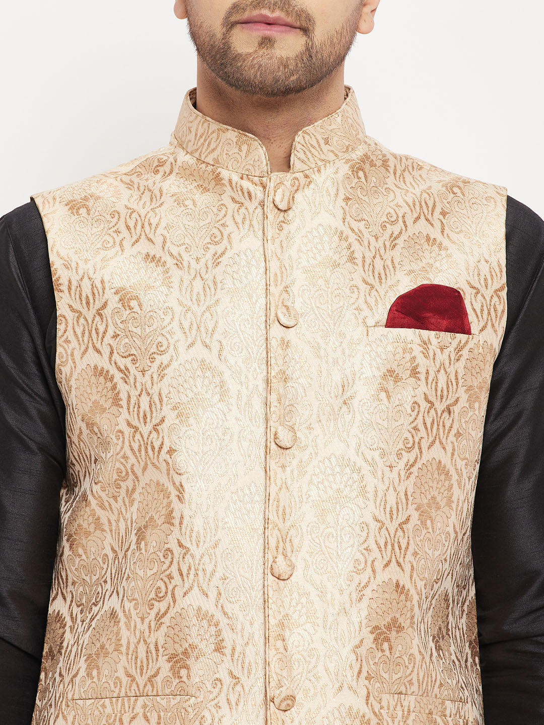 Sarvati Men's Rose Gold Jacquard Jacket With Kurta And Pant Set