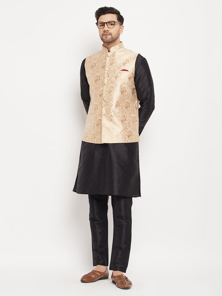 Sarvati Men's Rose Gold Jacquard Jacket With Kurta And Pant Set