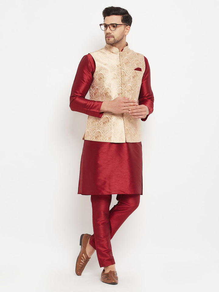 Sarvati Men's Rose Gold Jacquard Jacket With Kurta And Pant Set