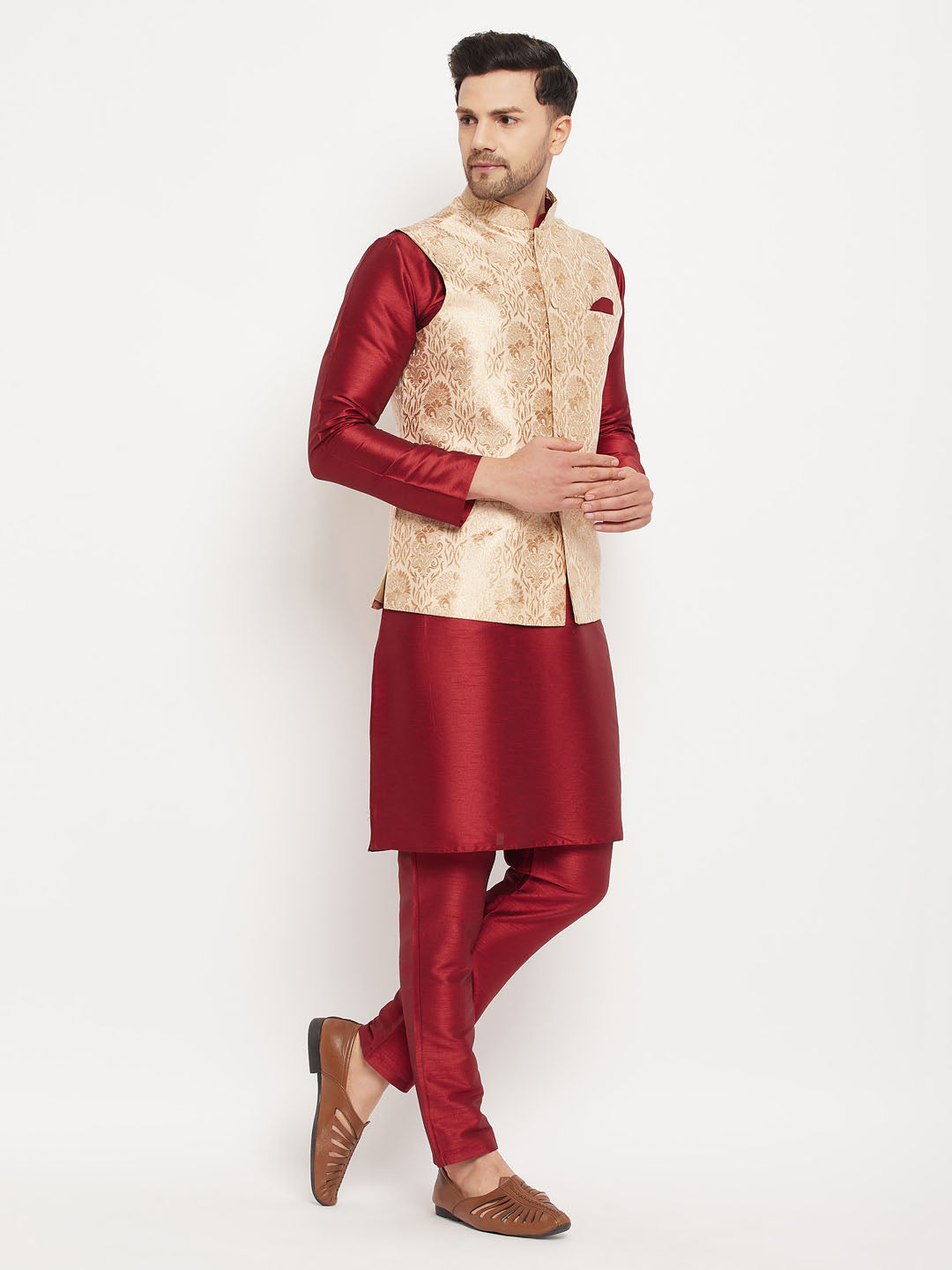 Sarvati Men's Rose Gold Jacquard Jacket With Kurta And Pant Set